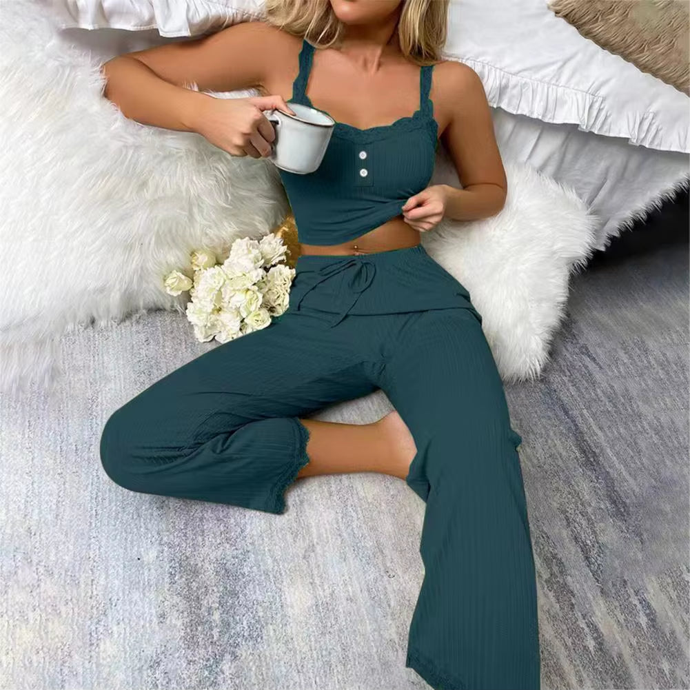 Sexy Casual Pajamas Set for Women Summer Lace Long Trousers Sexy Two Piece Long Trousers Set Pajamas Loungewear