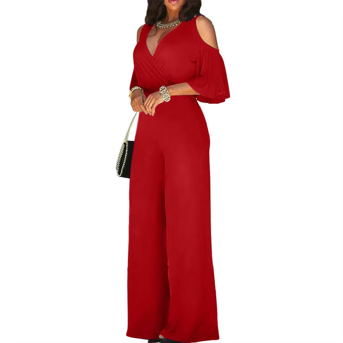 Summer Slim-Fitting Women'S Jumpsuit, Sexy Off-Shoulder V-Neck Wide-Leg Pants Jumpsuit, Lace-Up Elegant Trousers Jumpsuit