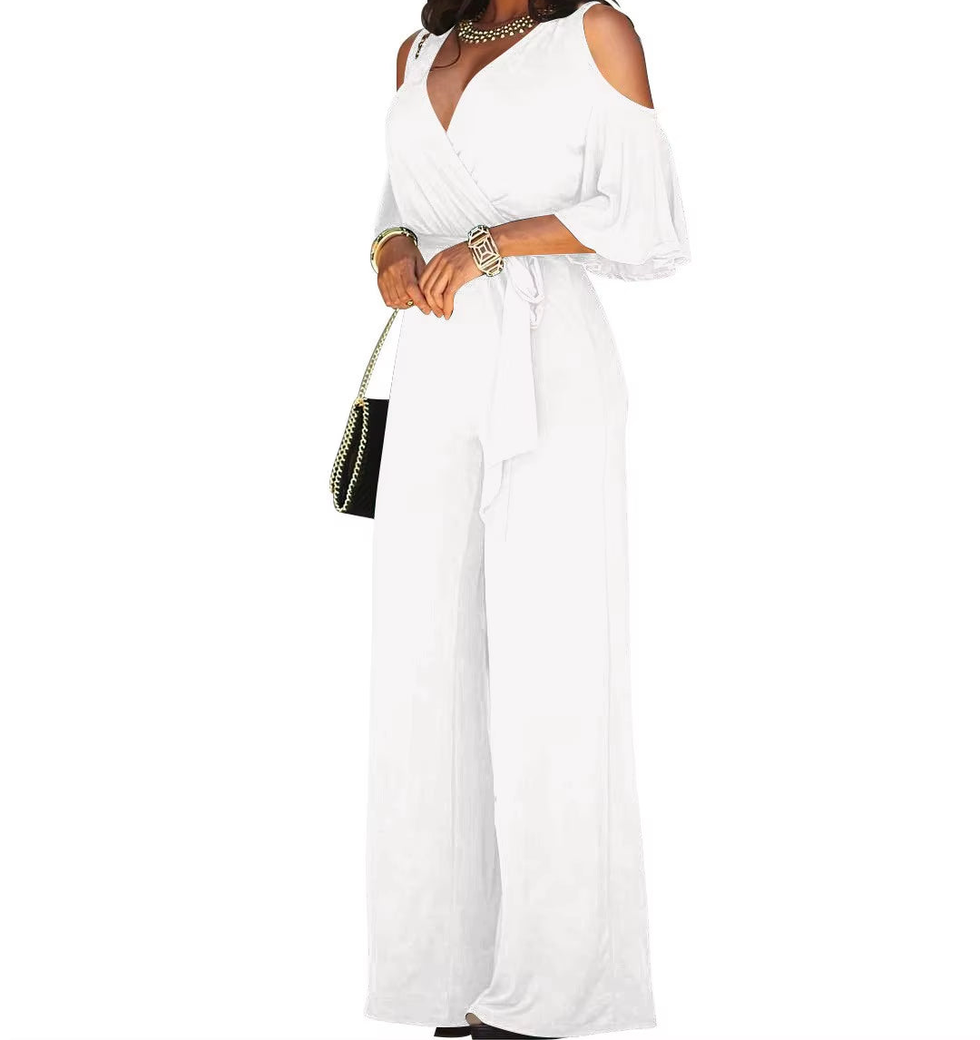 Off-Shoulder V-Neck Jumpsuit
