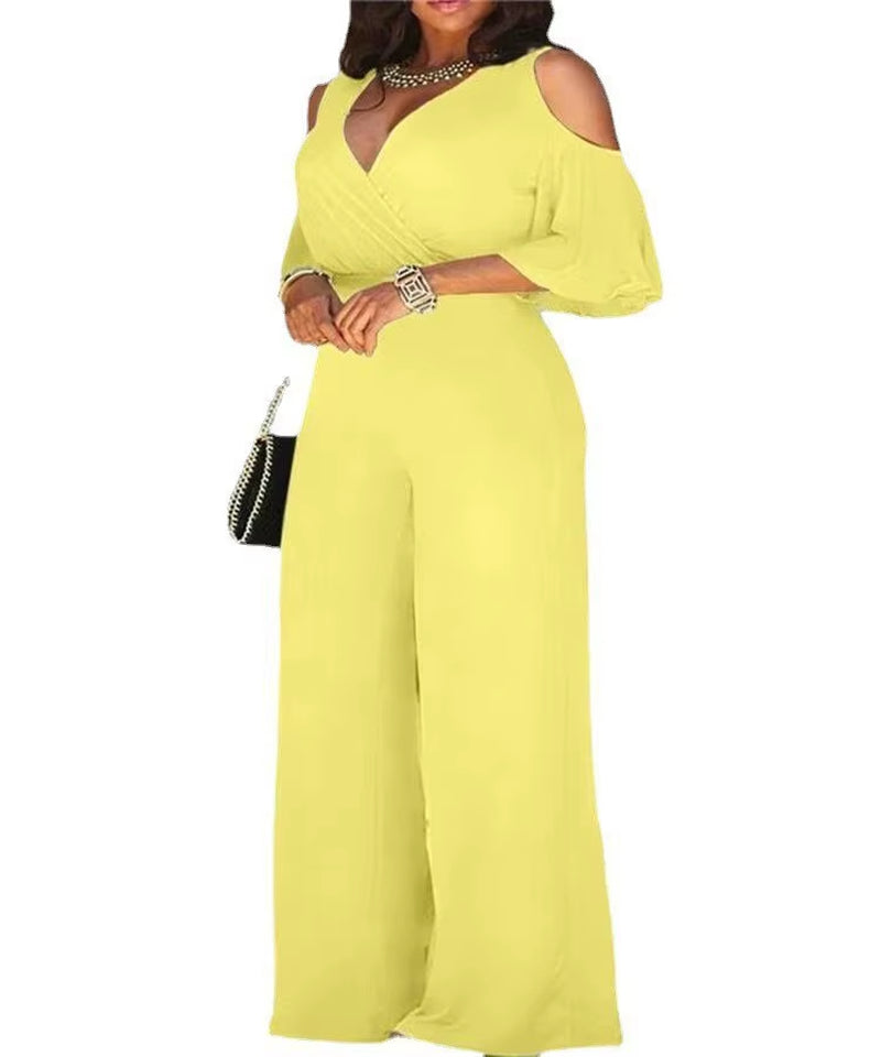Summer Slim-Fitting Women'S Jumpsuit, Sexy Off-Shoulder V-Neck Wide-Leg Pants Jumpsuit, Lace-Up Elegant Trousers Jumpsuit