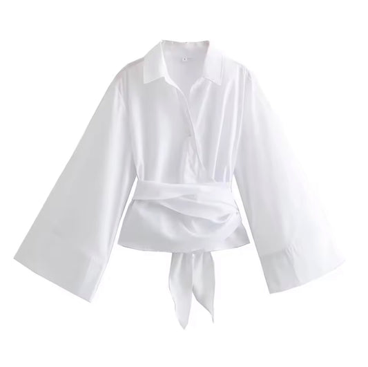White Collared Wrap Blouse with Wide Sleeves & Tie Waist