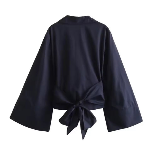 Black Collared Wrap Blouse with Wide Sleeves & Tie Waist