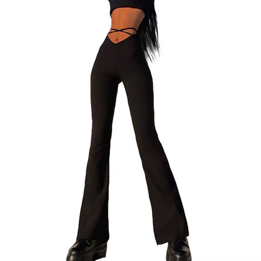 Lady Flares V-Shaped Waist Cross Bandage Decor High Waist Slim Long Pants Open Navel Slacks Woman Solid Color Casual Flared Pant