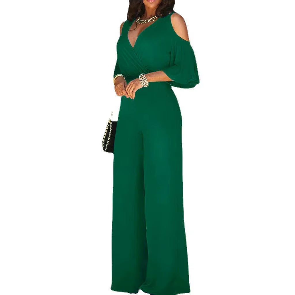 Summer Slim-Fitting Women'S Jumpsuit, Sexy Off-Shoulder V-Neck Wide-Leg Pants Jumpsuit, Lace-Up Elegant Trousers Jumpsuit