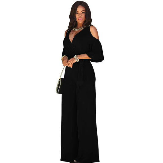 Summer Slim-Fitting Women'S Jumpsuit, Sexy Off-Shoulder V-Neck Wide-Leg Pants Jumpsuit, Lace-Up Elegant Trousers Jumpsuit