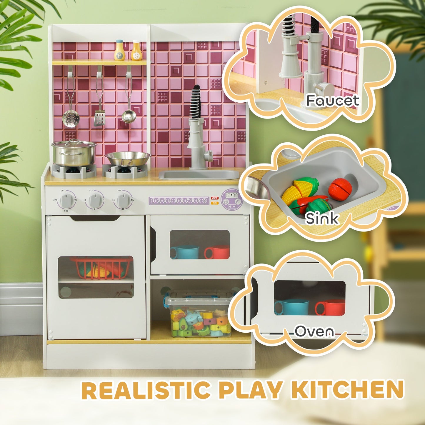 Kids Play Kitchen, Pretend Play Kitchen with Realistic Oven, Stove, Sink, Kitchen Accessories, White