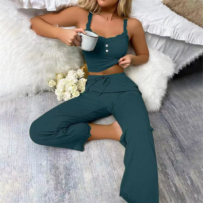 Sexy Casual Pajamas Set for Women Summer Lace Long Trousers Sexy Two Piece Long Trousers Set Pajamas Loungewear