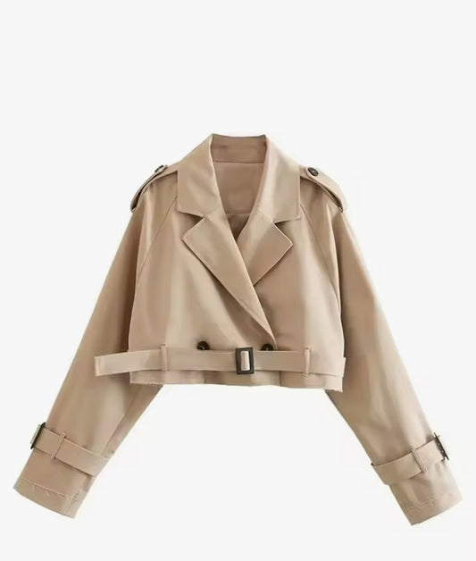 Cropped Belted Trench Jacket in Classic Beige
