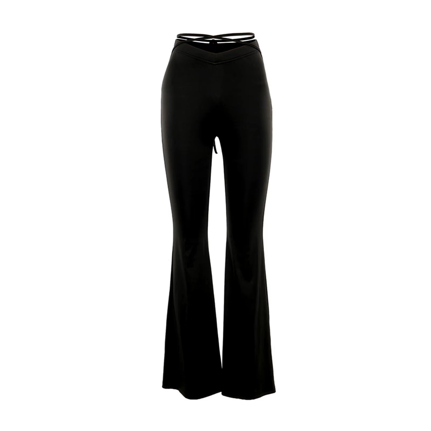 Lady Flares V-Shaped Waist Cross Bandage Decor High Waist Slim Long Pants Open Navel Slacks Woman Solid Color Casual Flared Pant