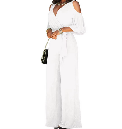 Off-Shoulder V-Neck Jumpsuit
