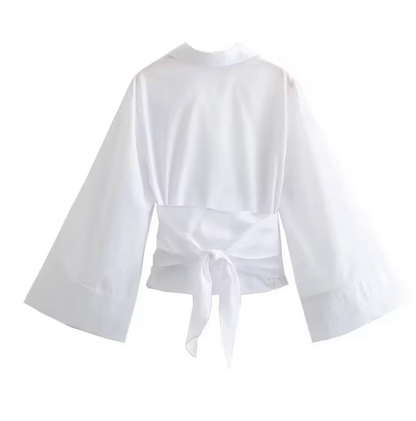 White Collared Wrap Blouse with Wide Sleeves & Tie Waist