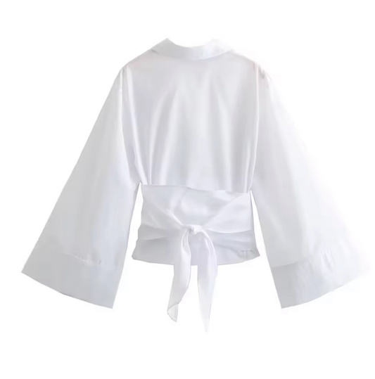 White Collared Wrap Blouse with Wide Sleeves & Tie Waist