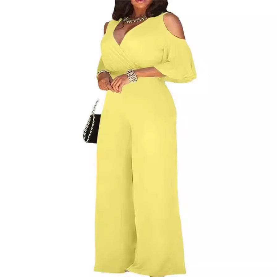 Summer Slim-Fitting Women'S Jumpsuit, Sexy Off-Shoulder V-Neck Wide-Leg Pants Jumpsuit, Lace-Up Elegant Trousers Jumpsuit