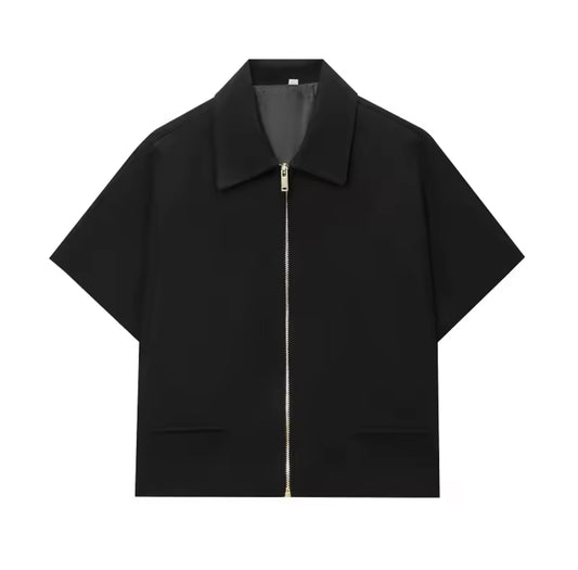 Black Short-Sleeve Zip-Up Top