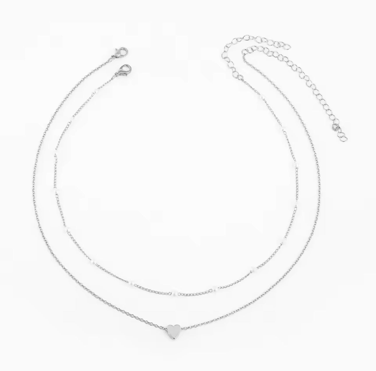 Silver Heart & Pearl Duo Necklace
