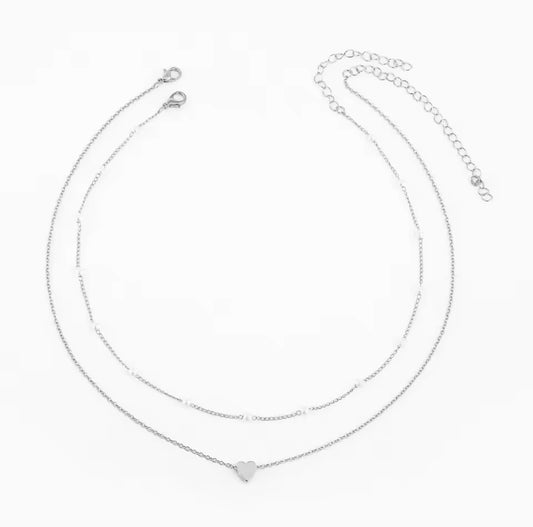 Silver Heart & Pearl Duo Necklace