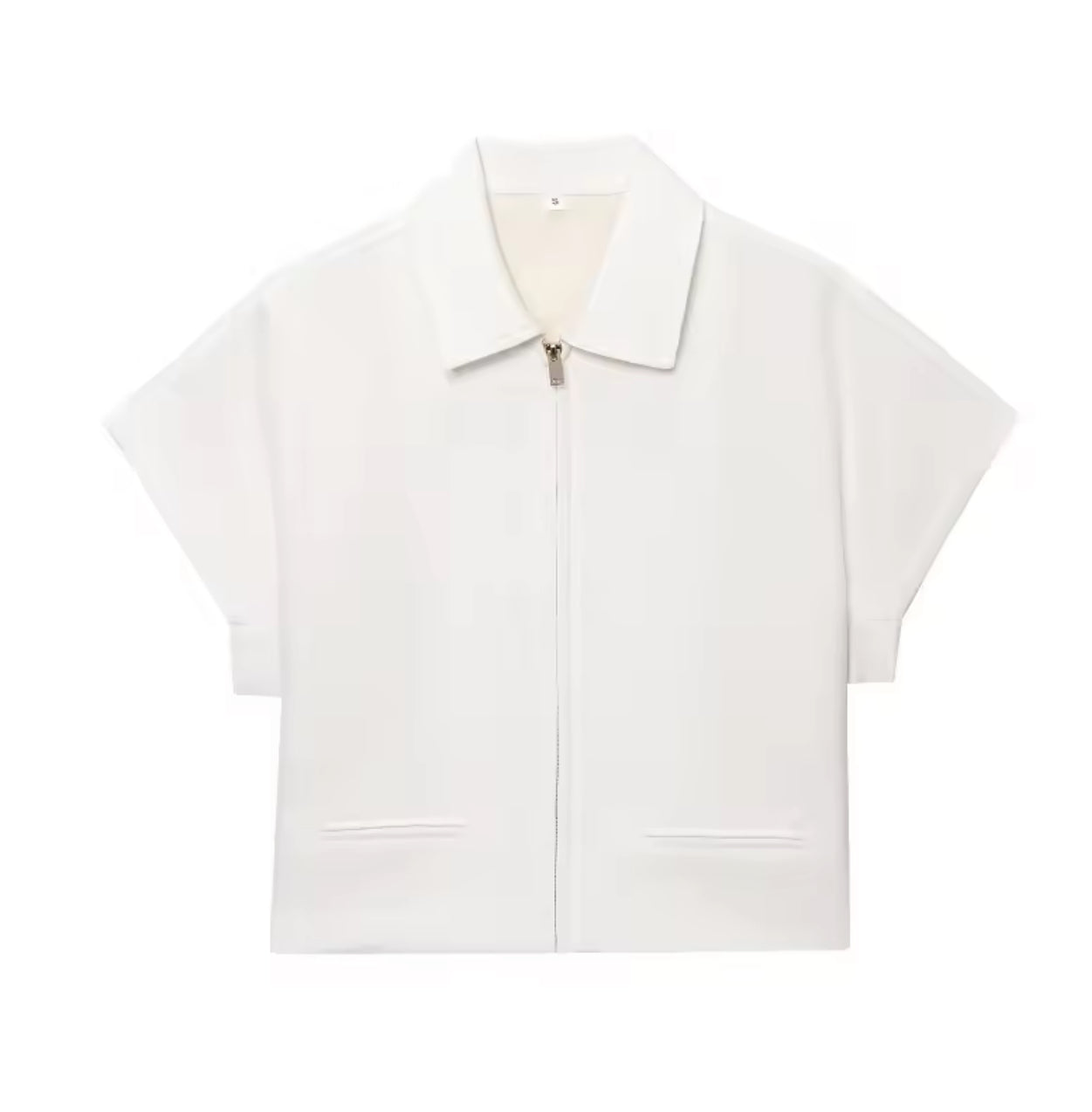 White Short-Sleeve Zip-Up Top