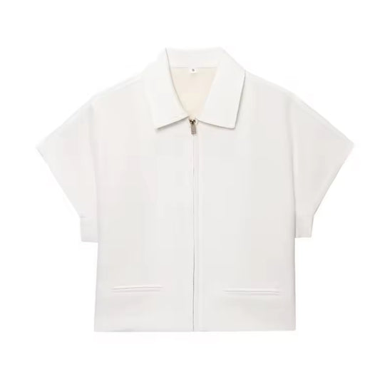 White Short-Sleeve Zip-Up Top