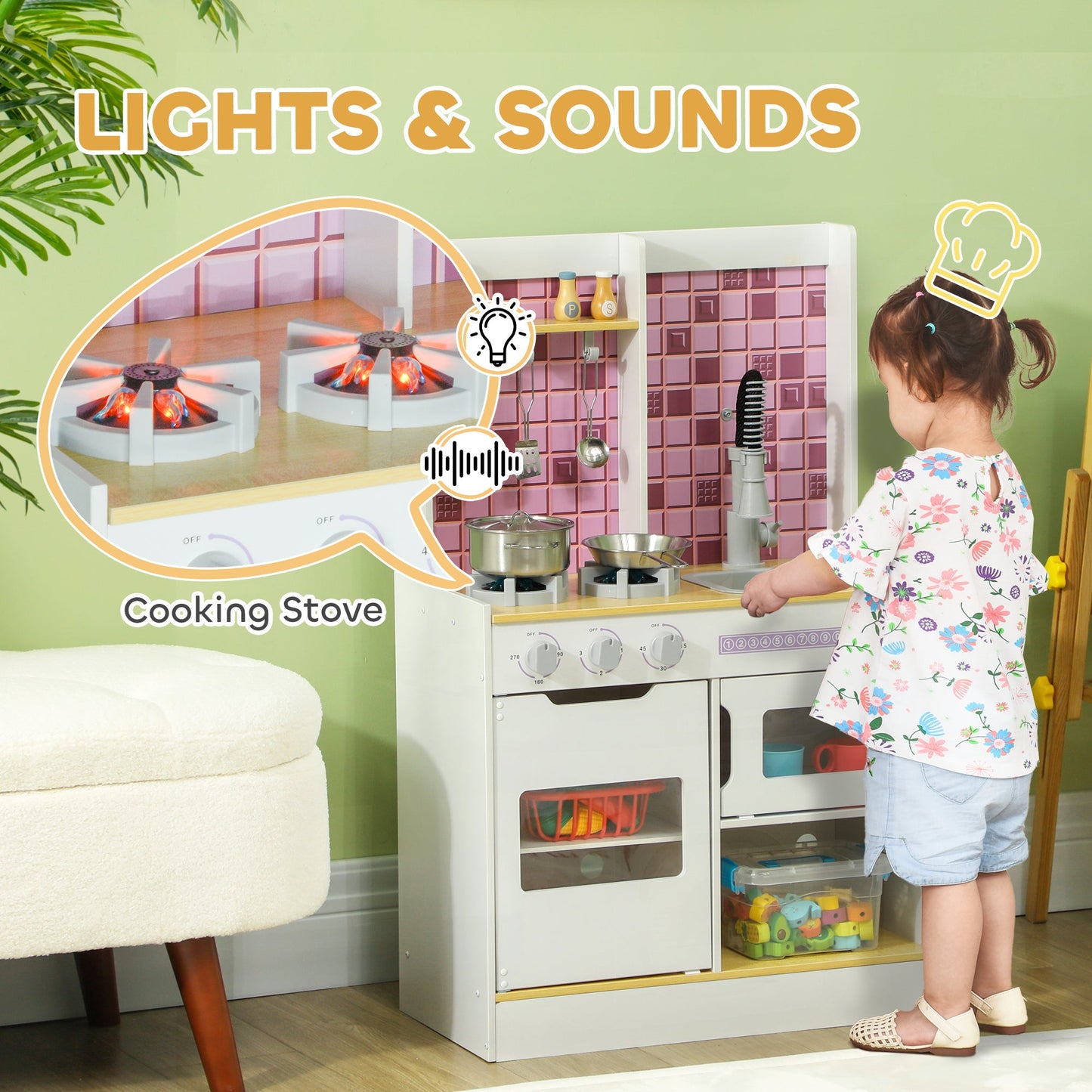 Kids Play Kitchen, Pretend Play Kitchen with Realistic Oven, Stove, Sink, Kitchen Accessories, White