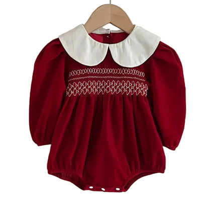 Velvet Smocked Peter Pan Collar Romper – Deep Ruby