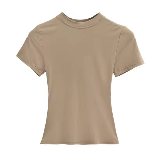 Beige Fitted Crew Neck T-Shirt