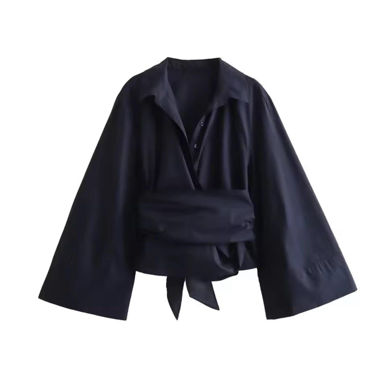 Black Collared Wrap Blouse with Wide Sleeves & Tie Waist