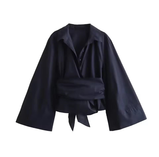 Black Collared Wrap Blouse with Wide Sleeves & Tie Waist