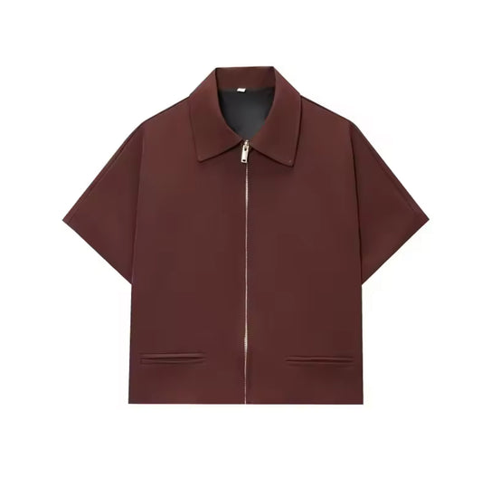 Chocolate Brown Short-Sleeve Zip-Up Top