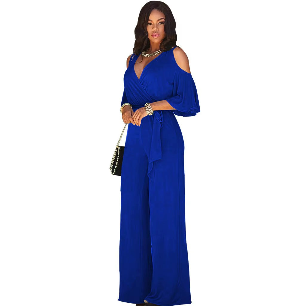 Summer Slim-Fitting Women'S Jumpsuit, Sexy Off-Shoulder V-Neck Wide-Leg Pants Jumpsuit, Lace-Up Elegant Trousers Jumpsuit