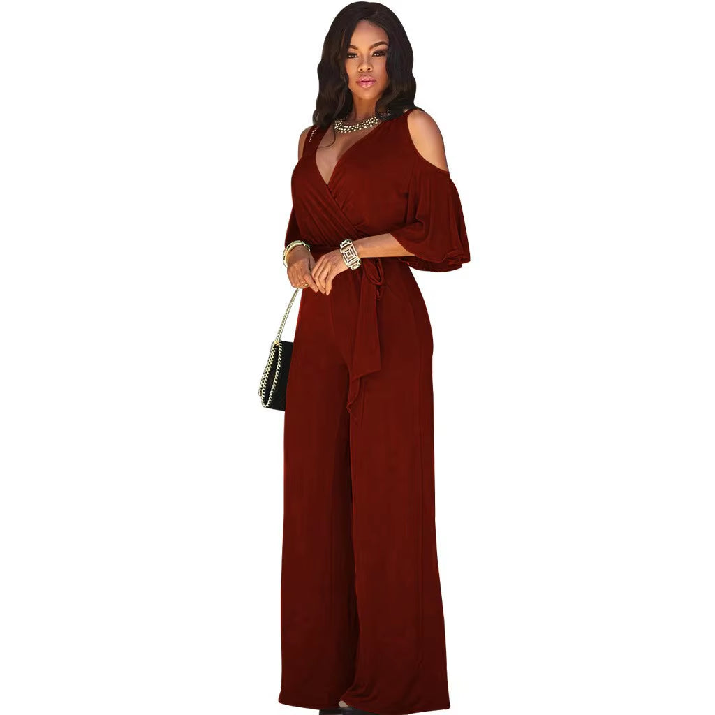 Summer Slim-Fitting Women'S Jumpsuit, Sexy Off-Shoulder V-Neck Wide-Leg Pants Jumpsuit, Lace-Up Elegant Trousers Jumpsuit