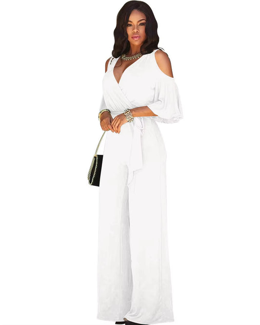 Summer Slim-Fitting Women'S Jumpsuit, Sexy Off-Shoulder V-Neck Wide-Leg Pants Jumpsuit, Lace-Up Elegant Trousers Jumpsuit