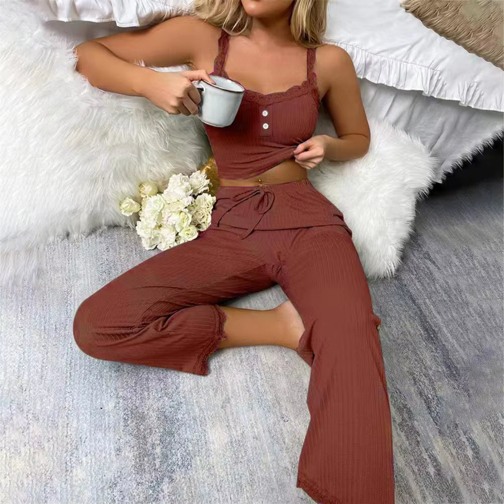 Sexy Casual Pajamas Set for Women Summer Lace Long Trousers Sexy Two Piece Long Trousers Set Pajamas Loungewear