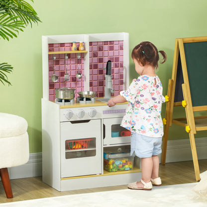 Kids Play Kitchen, Pretend Play Kitchen with Realistic Oven, Stove, Sink, Kitchen Accessories, White